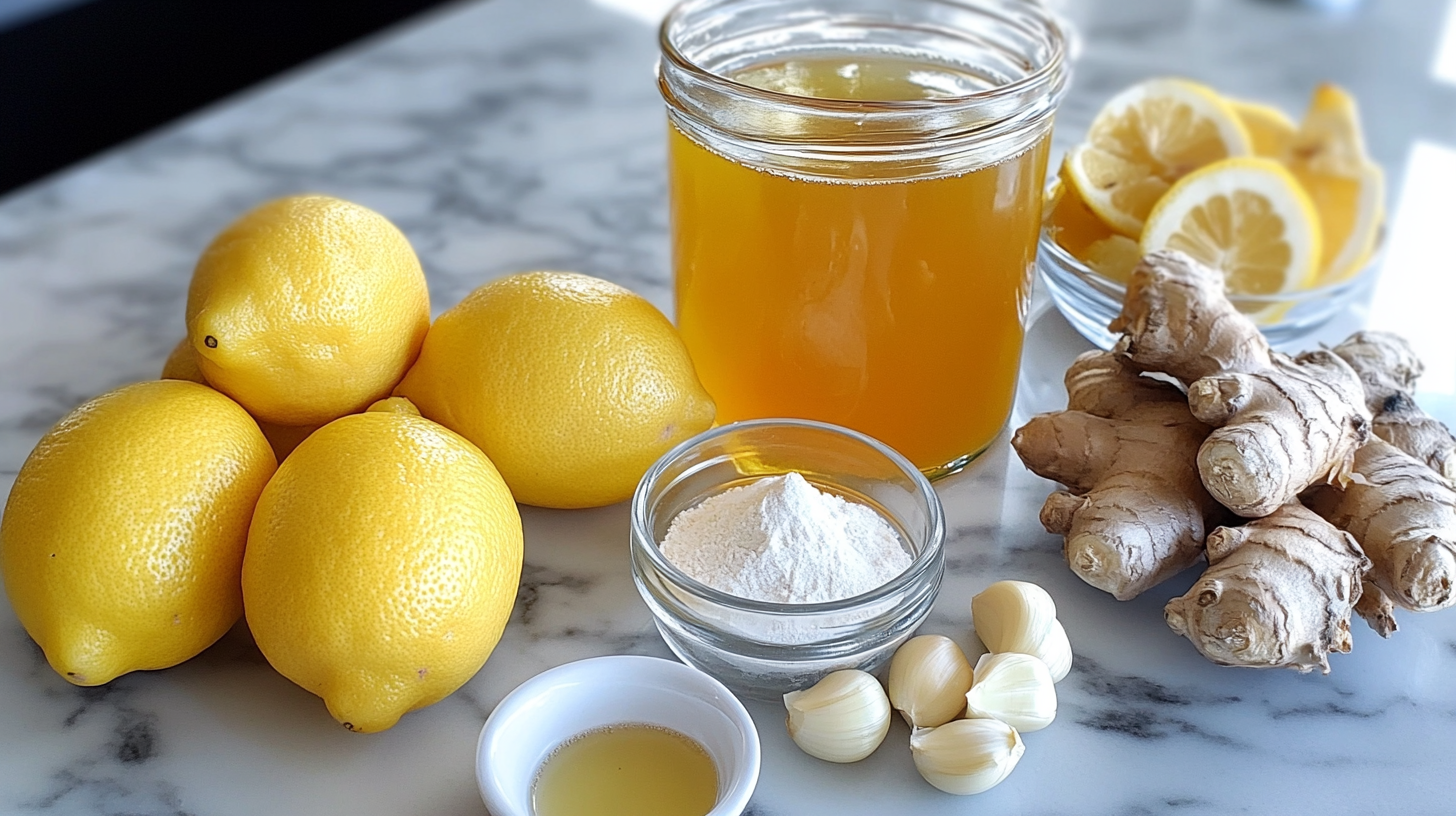 A collection of fresh ingredients for lemon chicken sauce, including whole lemons, fresh ginger, garlic cloves, a jar of chicken broth, a bowl of cornstarch, and sliced lemons arranged on a marble countertop.