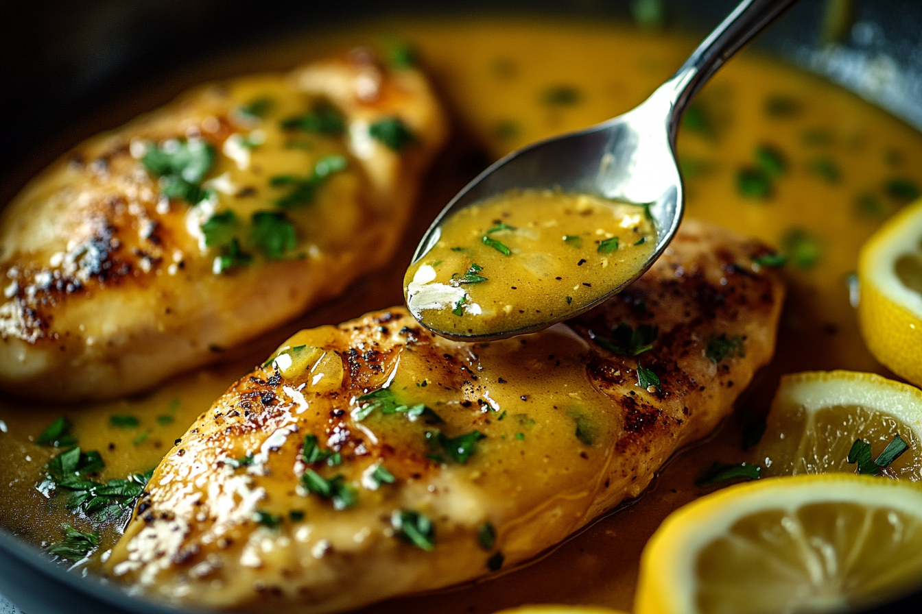 Close-up of golden-brown chicken breasts in a skillet, drizzled with lemon chicken sauce. A spoon filled with the rich, glossy lemon chicken sauce hovers above, garnished with fresh parsley and surrounded by lemon slices.