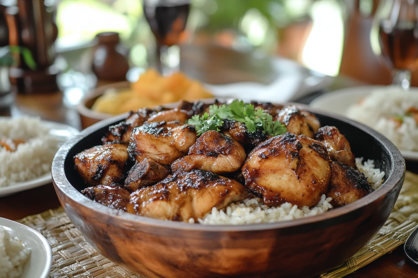 A wooden bowl filled with tender chicken adobo pieces glazed with a rich, dark sauce, garnished with fresh parsley, served over white rice.