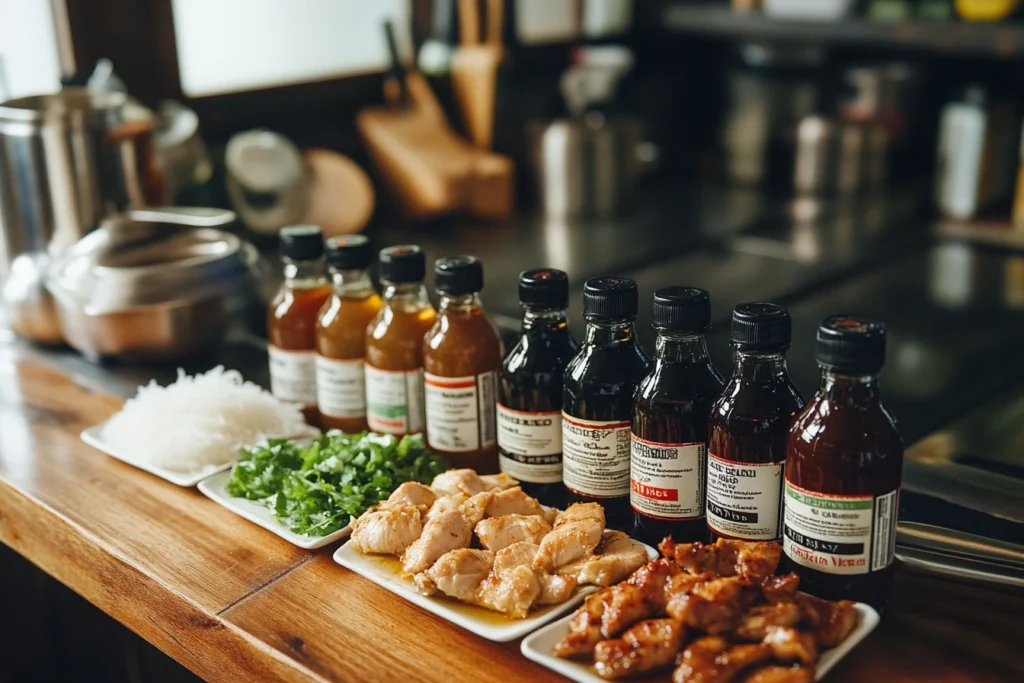 A selection of vinegar bottles displayed alongside ingredients for chicken adobo, including chopped herbs, marinated chicken, and noodles, arranged on a wooden countertop.