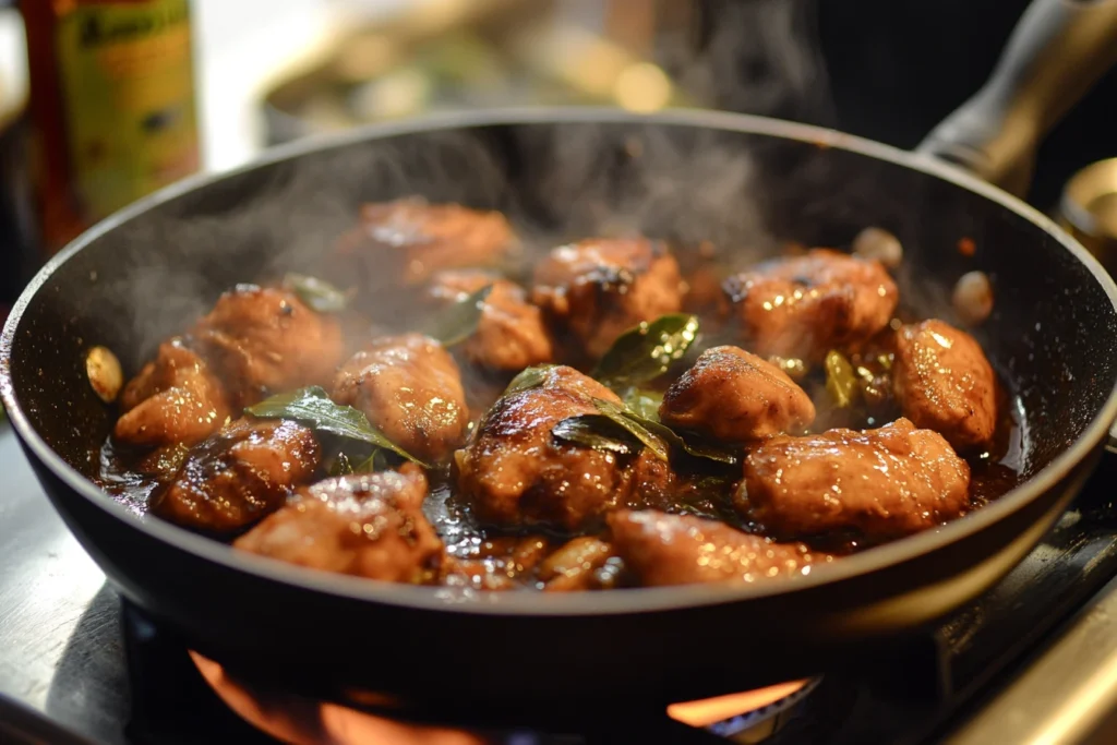 Chicken adobo cooking in a frying pan, with tender pieces simmering in a rich, dark sauce garnished with bay leaves and garlic, releasing aromatic steam.