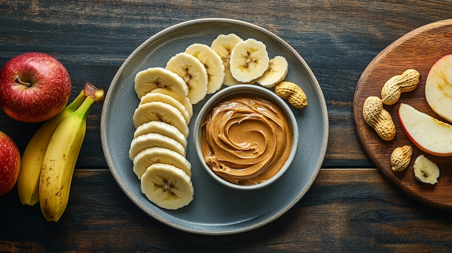 A plate of peanut butter with sliced bananas, apples, and peanuts on a rustic wooden table, showcasing healthy snack options.