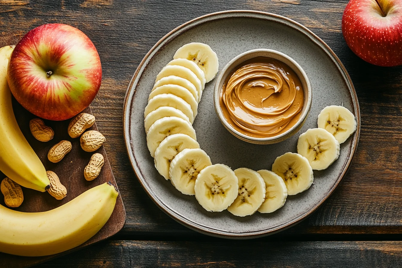 A plate of peanut butter with sliced bananas, apples, and peanuts on a rustic wooden table, showcasing healthy snack options.