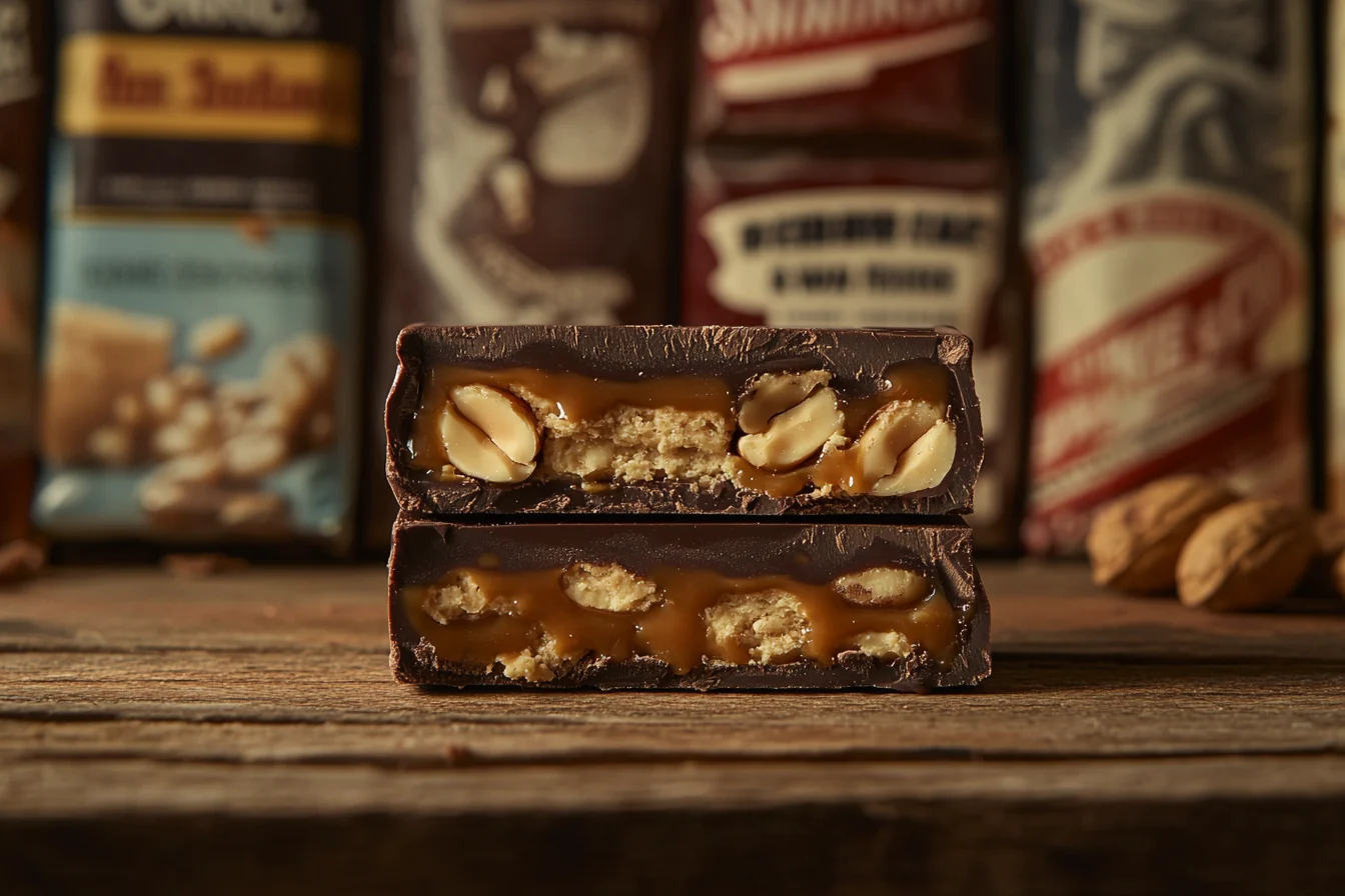 A cross-section of a Snickers bar showcasing layers of nougat, caramel, roasted peanuts, and chocolate, with vintage packaging in the background.