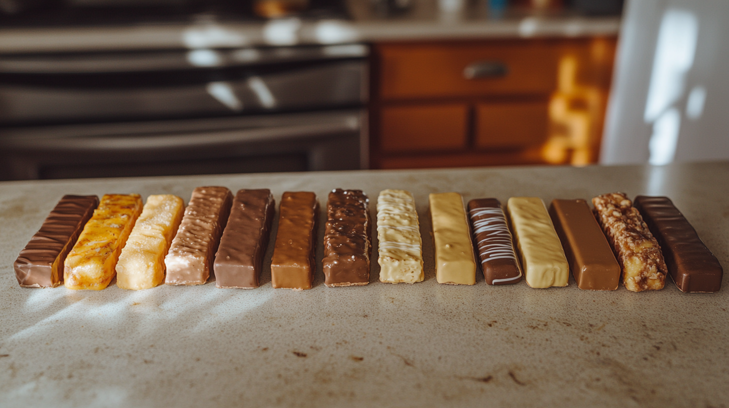 A variety of chocolate and snack bars arranged in a row on a countertop, showcasing different flavors, textures, and coatings, including milk chocolate, white chocolate, and nut-based options.