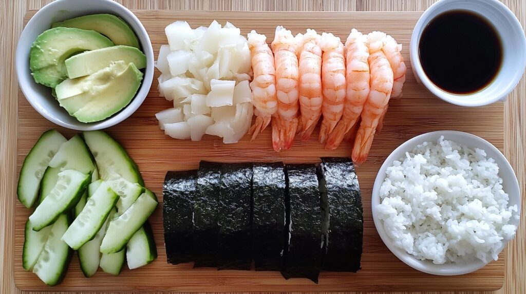 Ingredients for a tempura roll arranged on a wooden sushi board, including avocado slices, diced white fish, cooked shrimp, cucumber slices, nori sheets, sushi rice, and a bowl of soy sauce