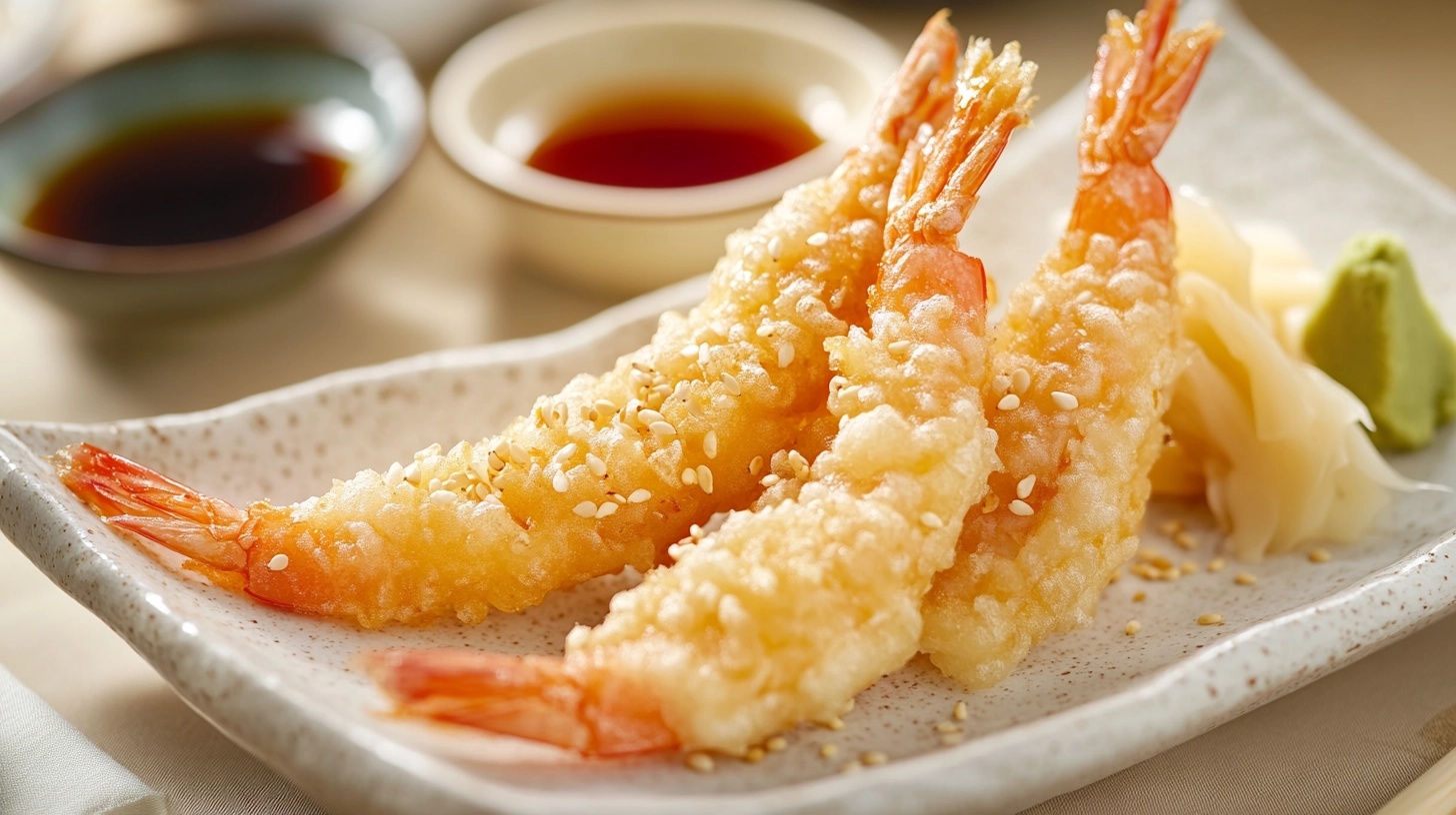 Golden crispy shrimp tempura served on a ceramic plate, garnished with sesame seeds and accompanied by pickled ginger, wasabi, and dipping sauces in the background.