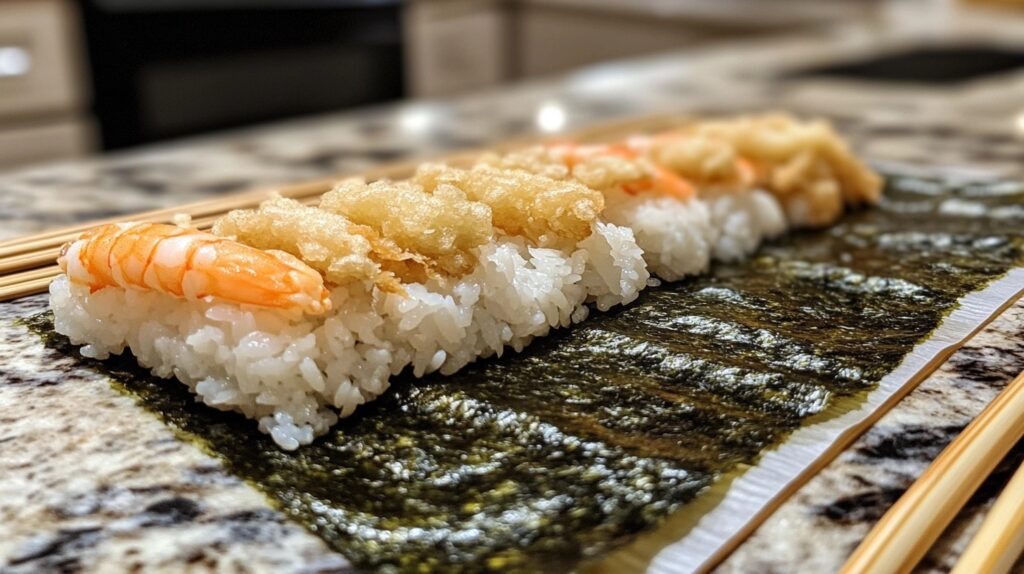 Partially assembled tempura roll on a bamboo sushi mat, featuring sushi rice, nori, shrimp, and crispy tempura ready for rolling