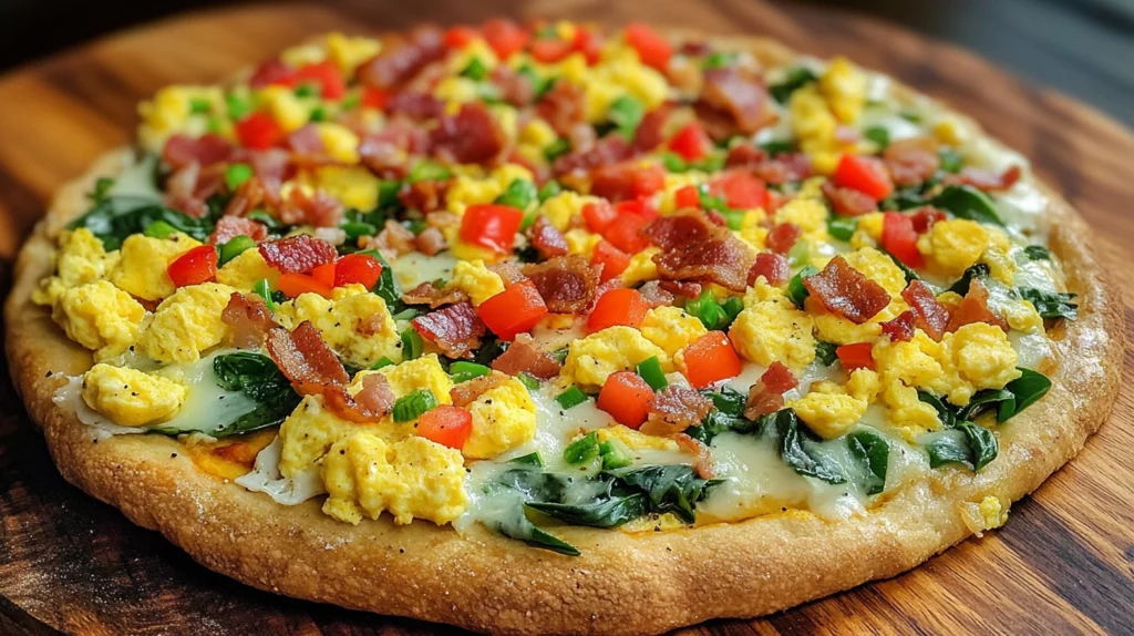 A colorful breakfast pizza topped with scrambled eggs, melted cheese, fresh spinach, diced tomatoes, and crispy bacon on a golden-brown crust.