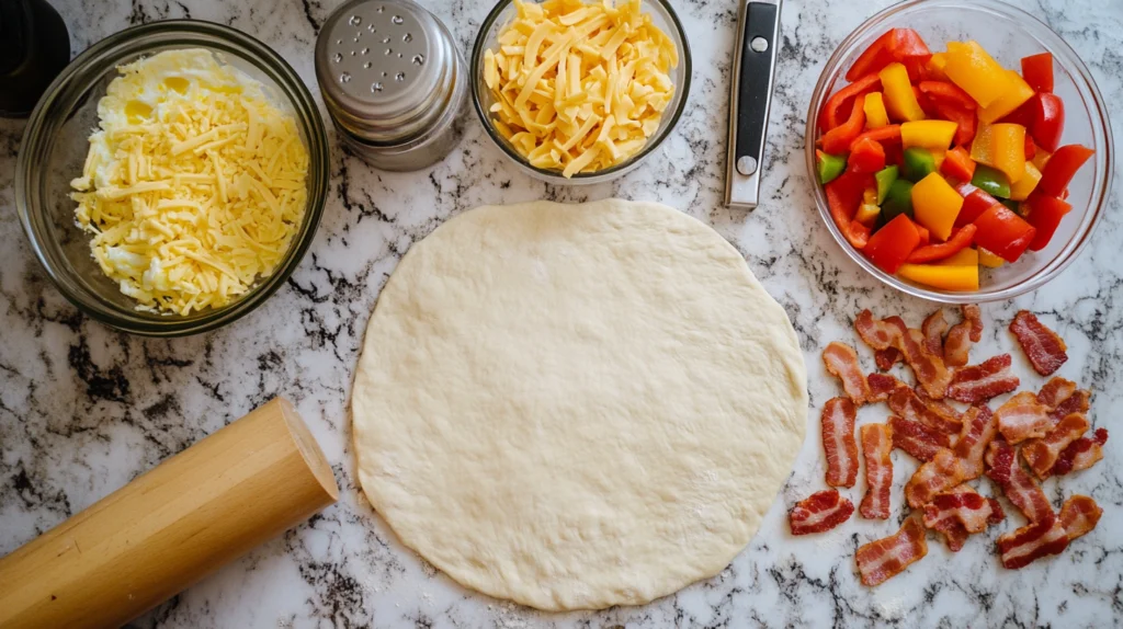 Ingredients for breakfast pizza, including rolled-out dough, shredded cheese, colorful bell peppers, crispy bacon, and kitchen utensils on a marble countertop.