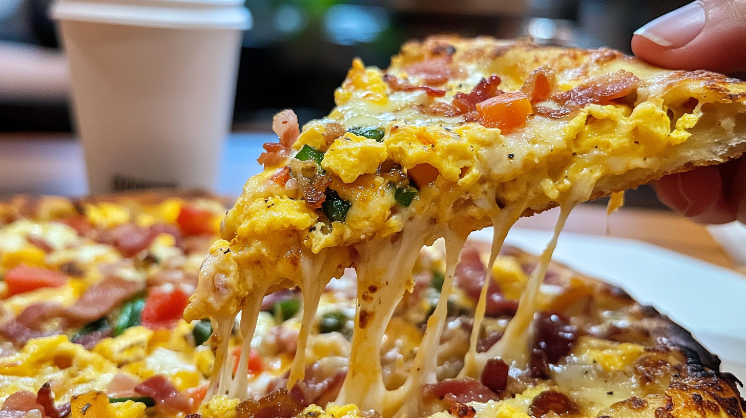 A close-up of a slice of breakfast pizza being lifted, showcasing gooey melted cheese, scrambled eggs, crispy bacon, and diced vegetables.