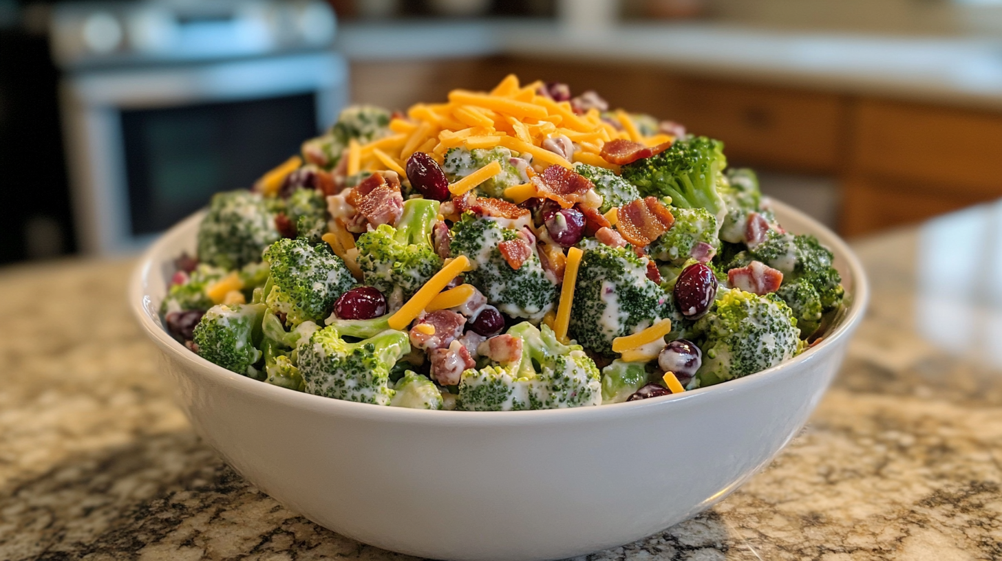 A vibrant bowl of broccoli salad with fresh green broccoli florets, shredded cheddar cheese, dried cranberries, and creamy dressing, displayed on a kitchen countertop.