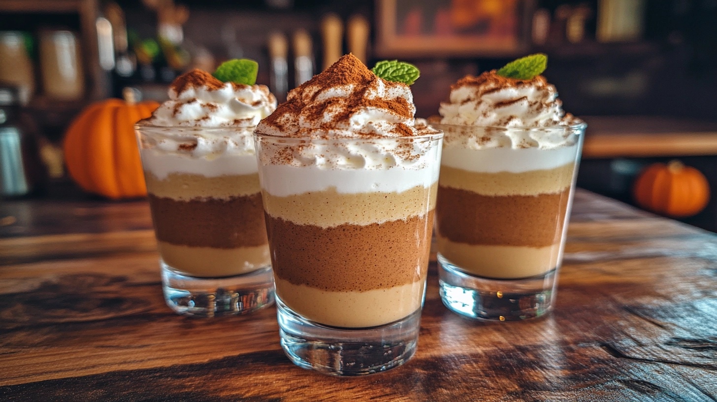 Layered pumpkin mousse desserts served in small glass cups, topped with whipped cream, a sprinkle of cinnamon, and garnished with a mint leaf, placed on a rustic wooden table with blurred pumpkin decorations in the background.