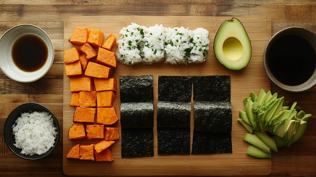 Ingredients for sweet potato sushi rolls neatly arranged on a wooden cutting board, including roasted sweet potato chunks, nori sheets, sushi rice, sliced avocado, and soy sauce bowls.