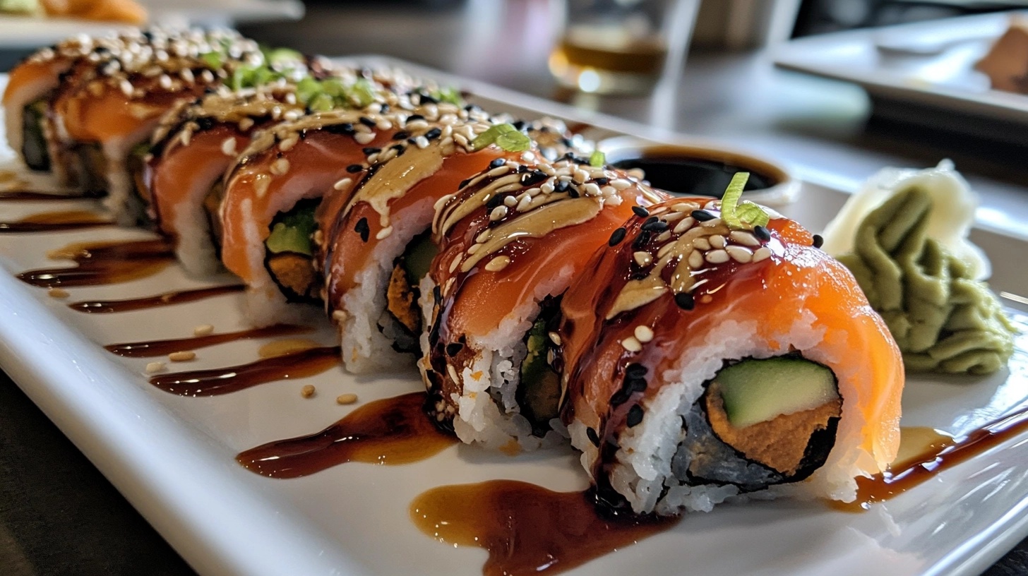 Close-up of sweet potato sushi rolls topped with sesame seeds, drizzled with soy and spicy mayo sauces, served on a white plate with wasabi and pickled ginger.