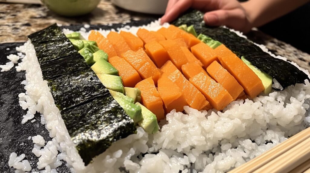 Sweet potato sushi roll preparation showing layered nori sheets, sushi rice, sliced sweet potatoes, and avocado arranged for rolling.