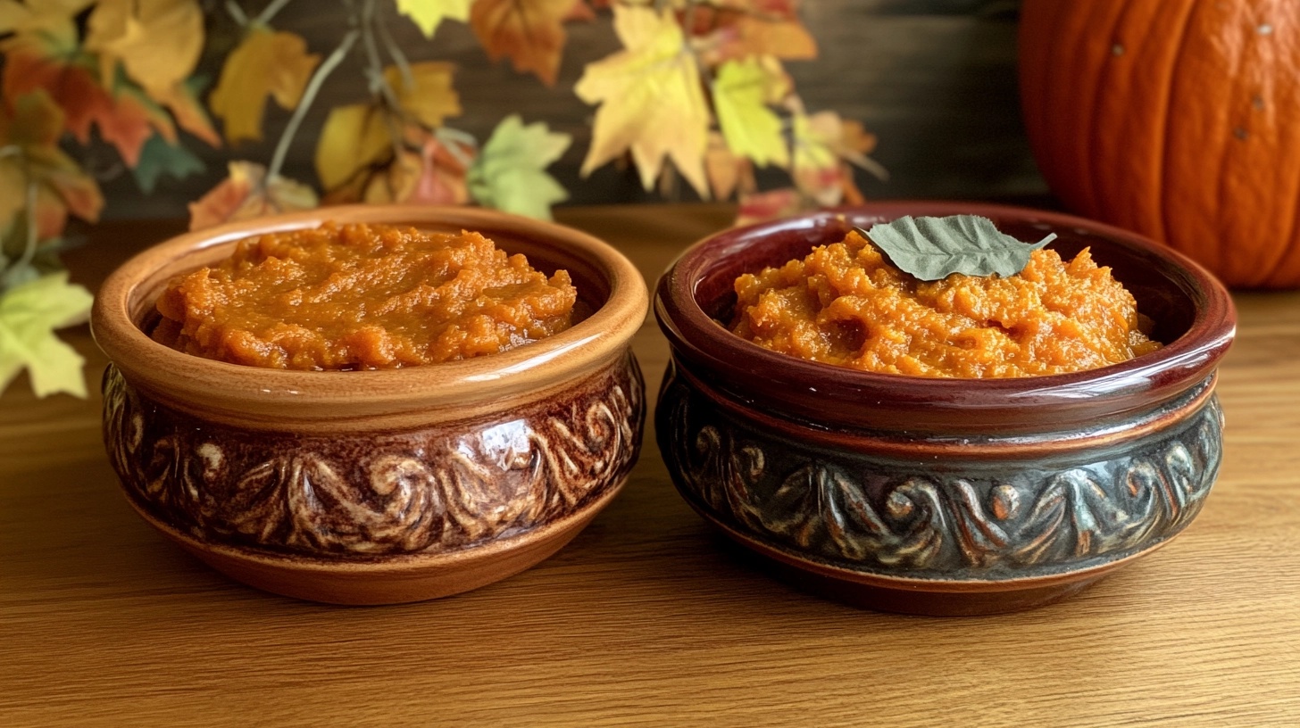 Two ceramic bowls filled with orange pumpkin puree. The bowl on the left contains smooth pumpkin puree, while the bowl on the right has a coarser texture and is garnished with a bay leaf. Both bowls are set on a wooden surface with autumn leaves and a pumpkin in the background.