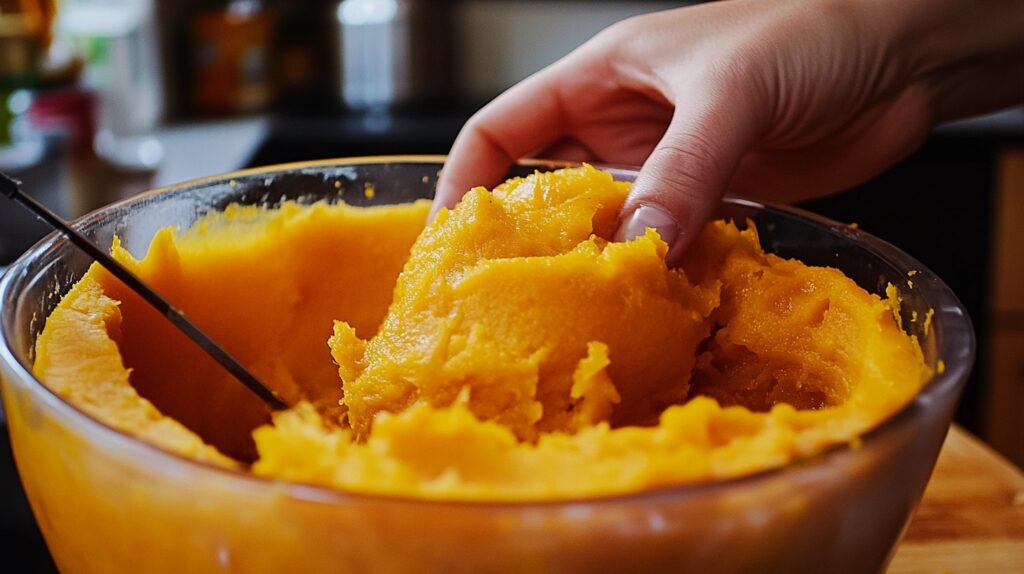 A hand scooping smooth, bright orange pumpkin puree from a glass bowl in a kitchen setting. The texture of the puree is soft and creamy, and the background shows blurred kitchen elements.