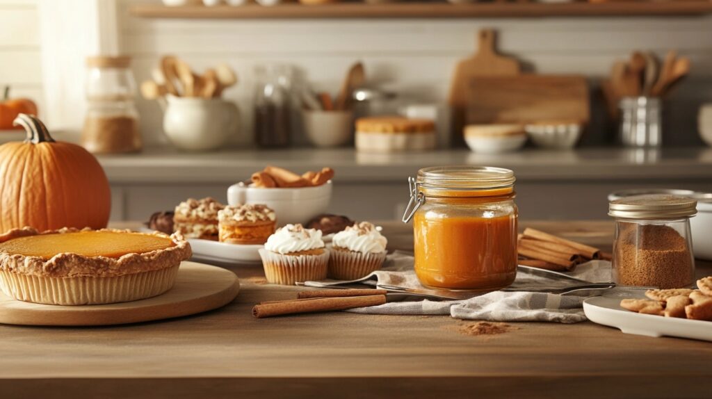 A cozy kitchen setting featuring a pumpkin pie, a jar of pumpkin puree, cinnamon sticks, cupcakes, and various baked goods on a wooden countertop. A whole pumpkin is visible in the background.