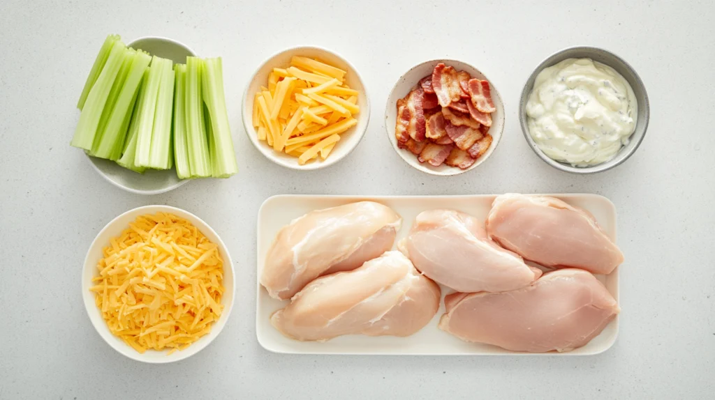 Ingredients for chicken salad arranged neatly, including raw chicken breasts, celery sticks, shredded cheddar cheese, crispy bacon, and a bowl of creamy dressing.