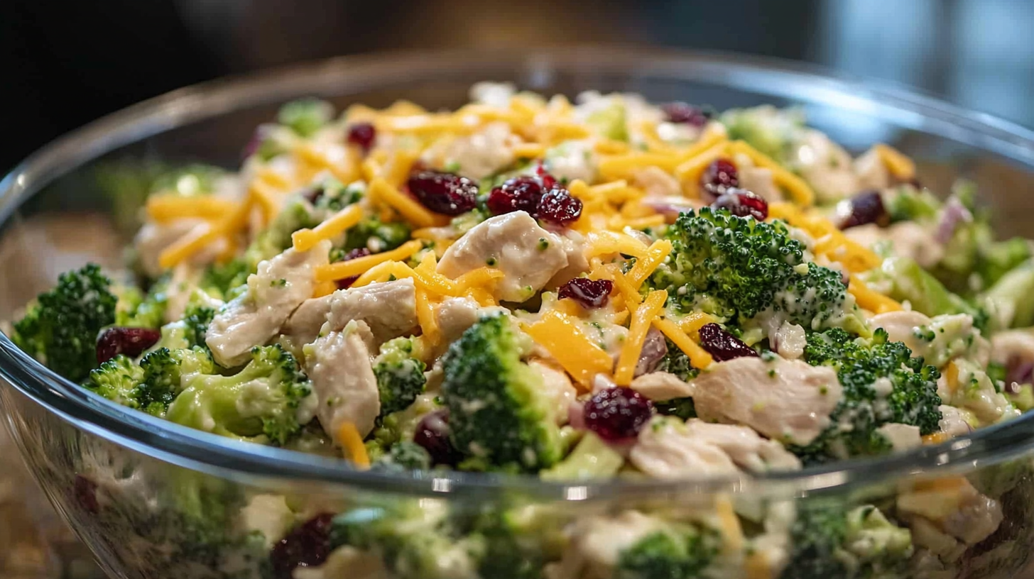 A colorful bowl of chicken salad featuring tender shredded chicken, fresh broccoli florets, shredded cheddar cheese, and dried cranberries, all coated in a creamy dressing.