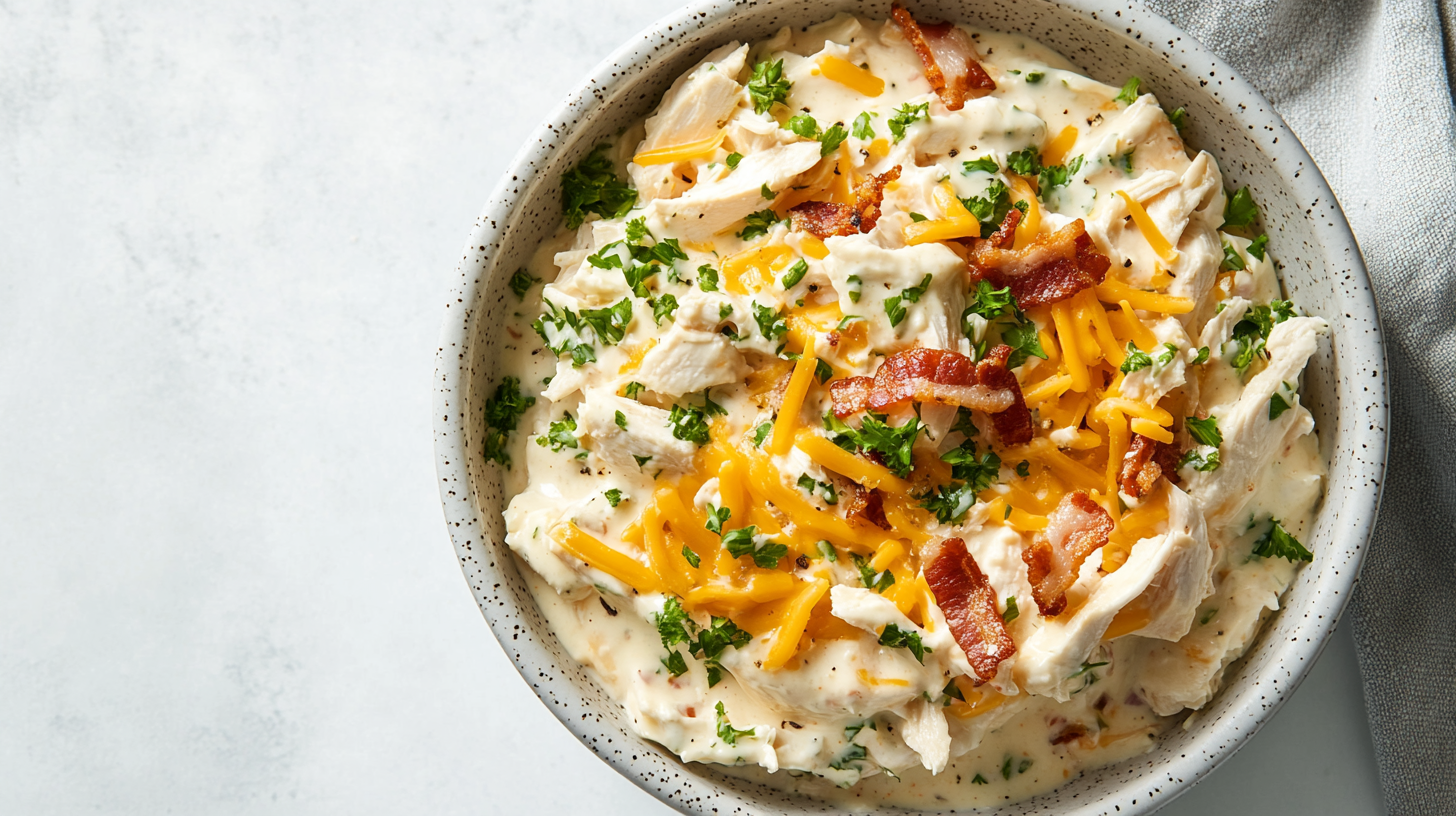 A creamy chicken salad in a speckled bowl, topped with shredded cheddar cheese, crispy bacon, and fresh parsley, creating a vibrant and appetizing dish.