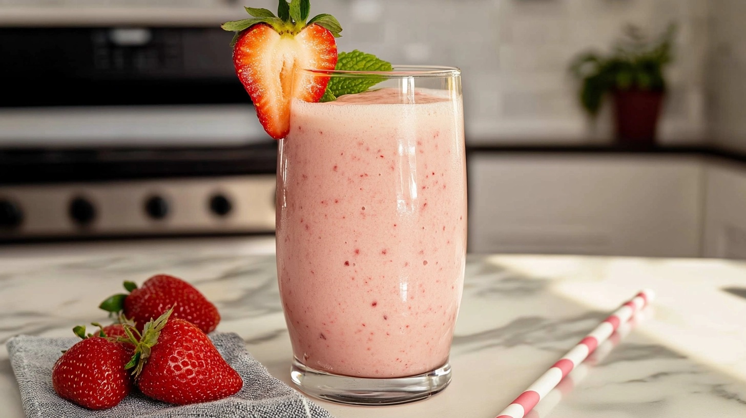 A pink smoothie served in a mason jar, garnished with fresh strawberries, mint leaves, and chia seeds on top, placed on a marble countertop in a bright modern kitchen.