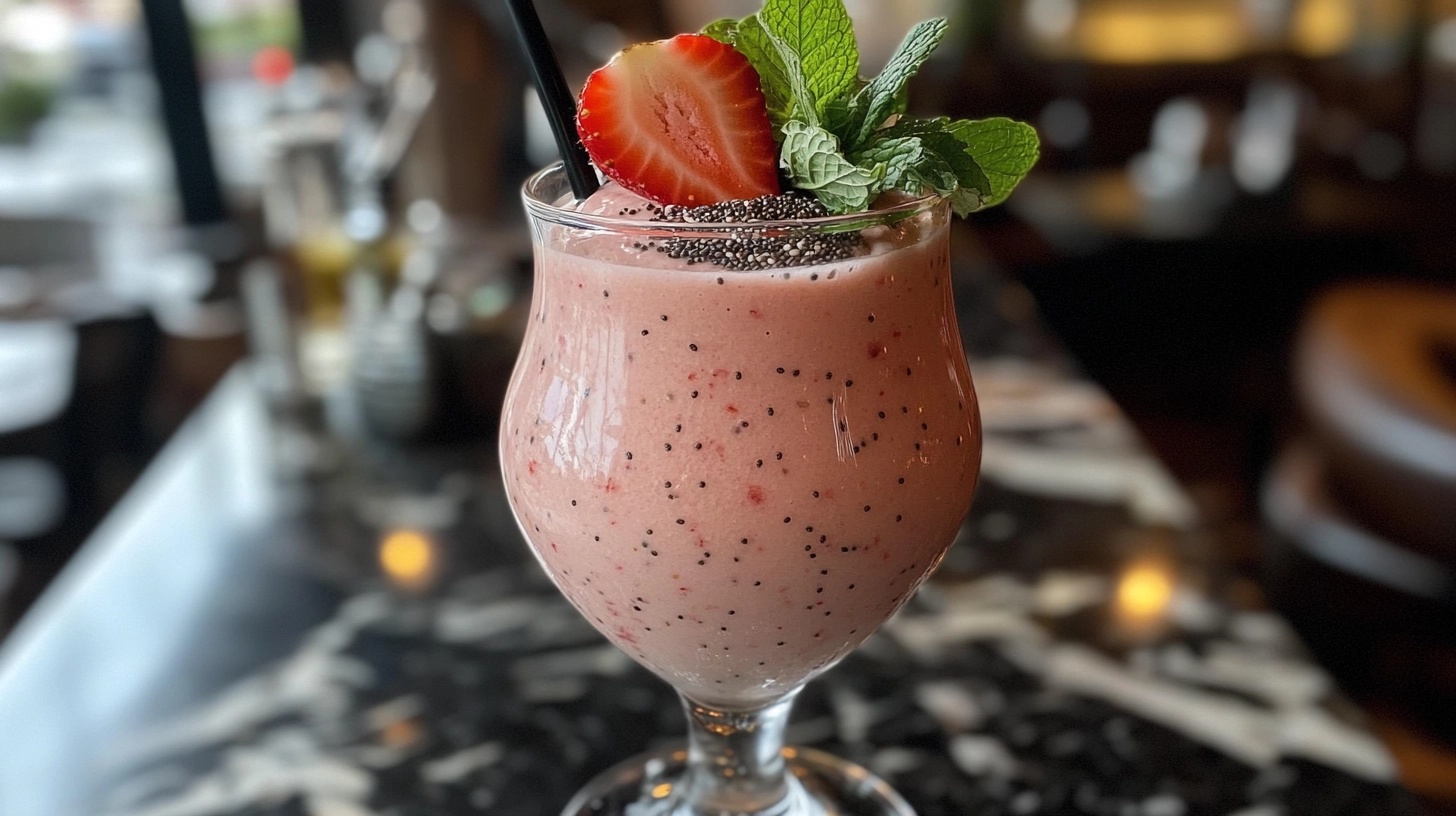 A pink smoothie served in a glass garnished with a fresh strawberry slice, chia seeds, and mint leaves, placed on a marble countertop in a cozy café setting.