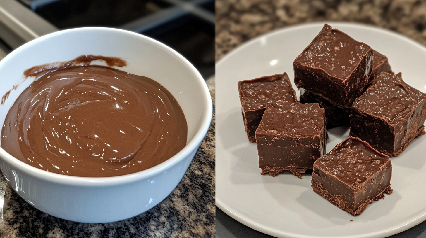 Side-by-side comparison of a bowl of smooth chocolate sauce and a plate of dense chocolate fudge cubes.