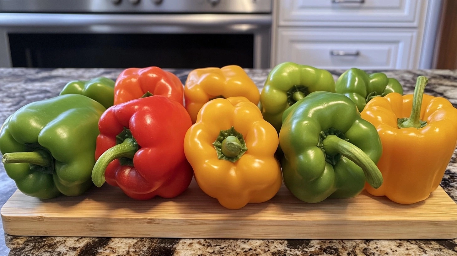 A variety of fresh bell peppers in green, red, and yellow displayed on a wooden cutting board, set on a kitchen counter.