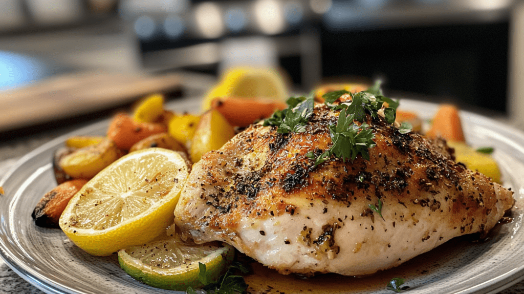 Perfectly roasted chicken breast seasoned with herbs, garnished with fresh parsley, and served with lemon slices and roasted vegetables on a plate.