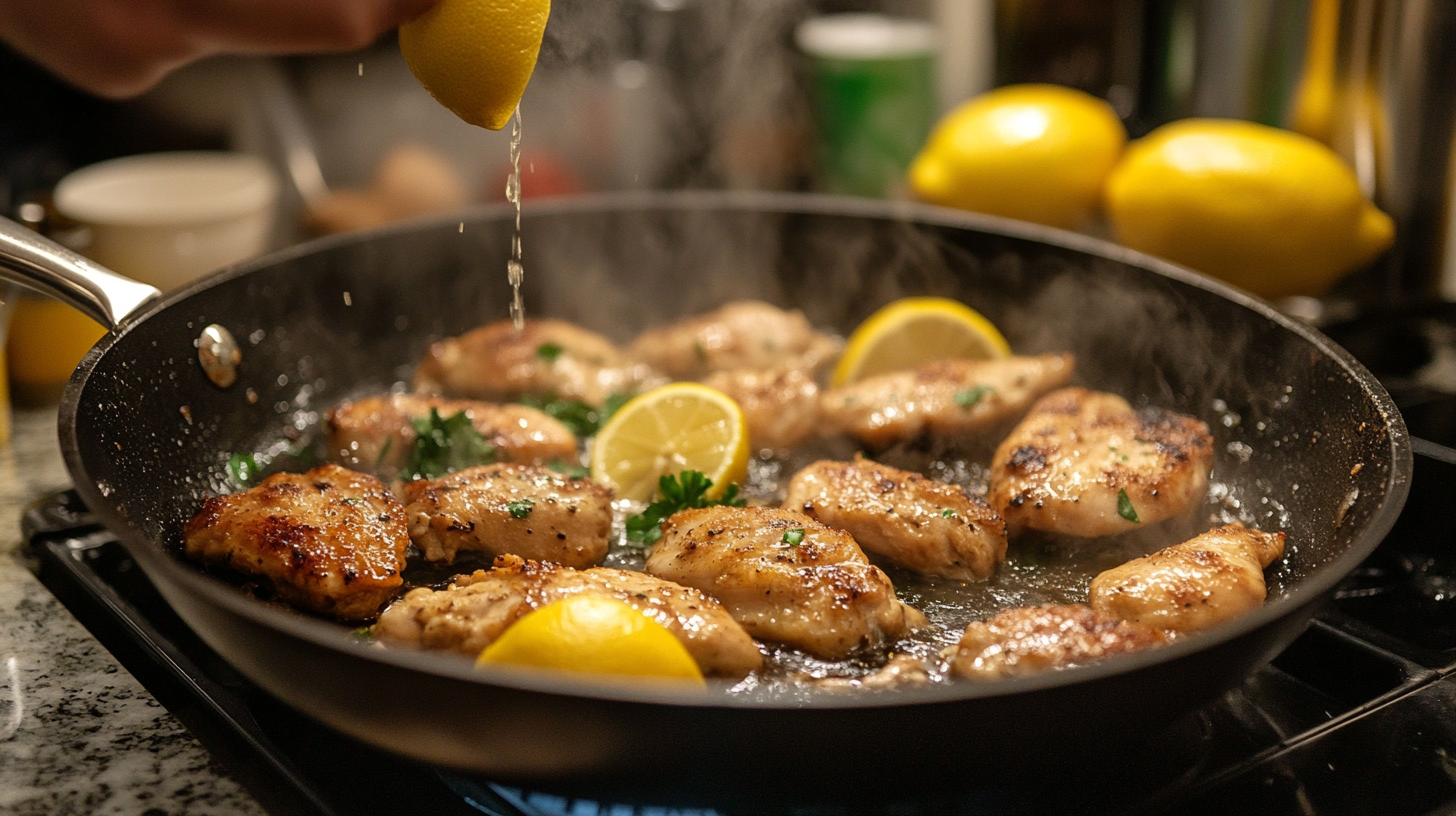 Chicken thighs being sautéed in a skillet with lemon slices, garnished with parsley, as fresh lemon juice is squeezed over the dish.