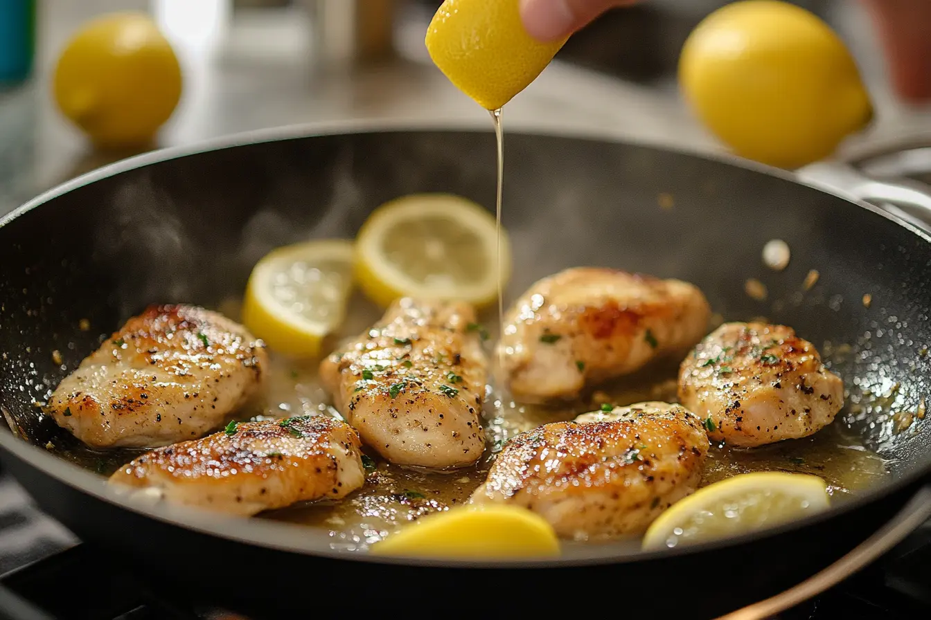 Chicken thighs being sautéed in a skillet with lemon slices, garnished with parsley, as fresh lemon juice is squeezed over the dish.