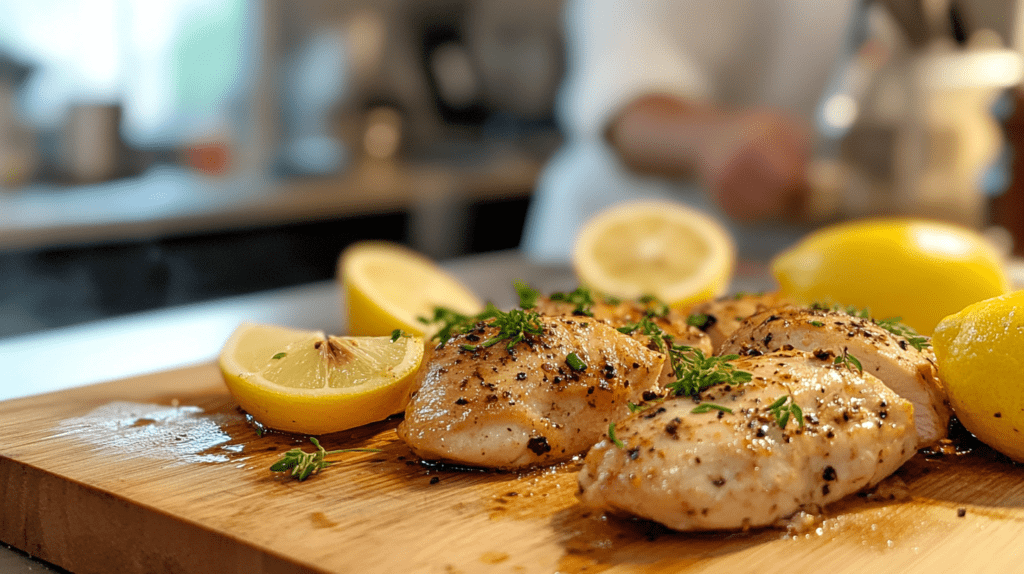 Cooked chicken breasts seasoned with herbs, garnished with parsley, and served on a wooden board with fresh lemon slices in a kitchen setting.