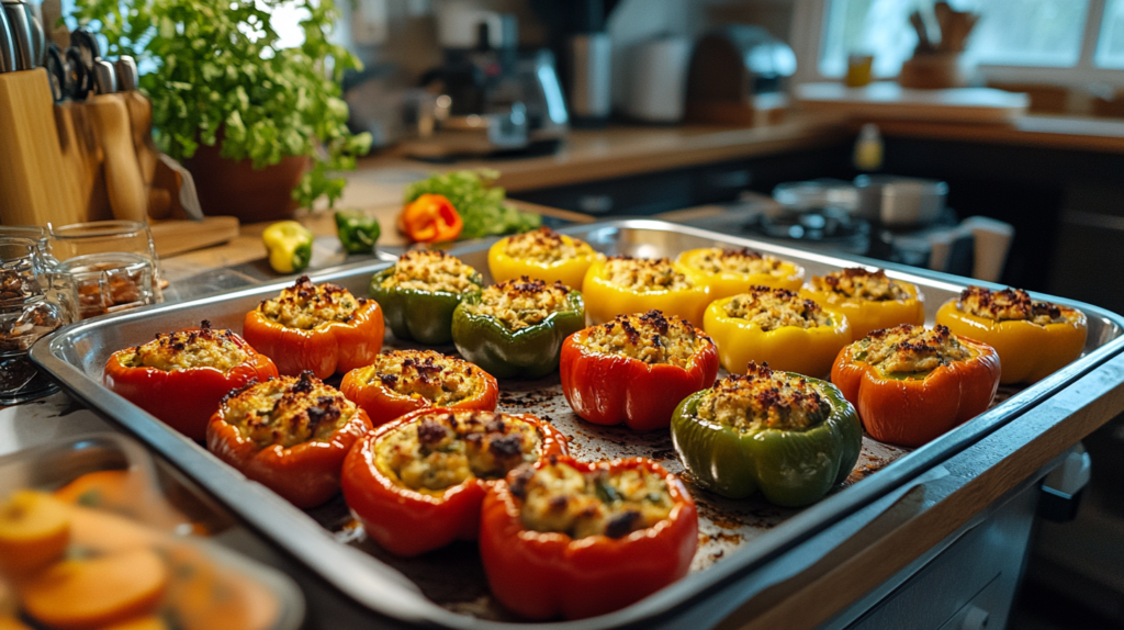 Freshly baked stuffed peppers in red, yellow, and green varieties arranged on a baking tray in a well-lit kitchen