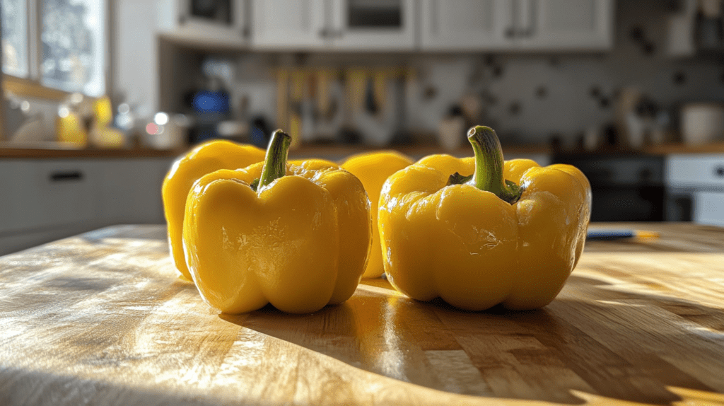 Fresh yellow bell peppers on a wooden kitchen counter, illuminated by natural sunlight streaming through a window.