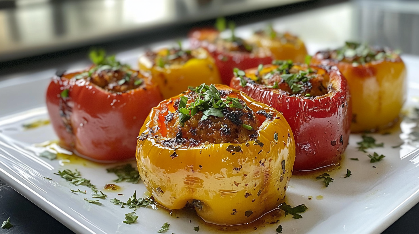 Close-up of stuffed red and yellow bell peppers garnished with fresh herbs, served on a white plate.