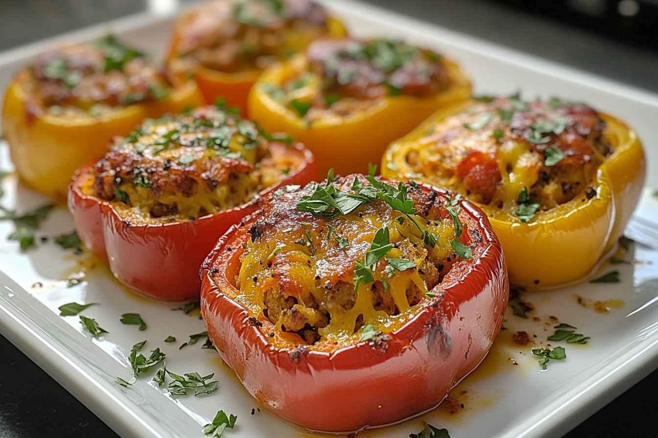 Vibrant red and yellow stuffed bell peppers topped with melted cheese and garnished with fresh parsley on a white plate.