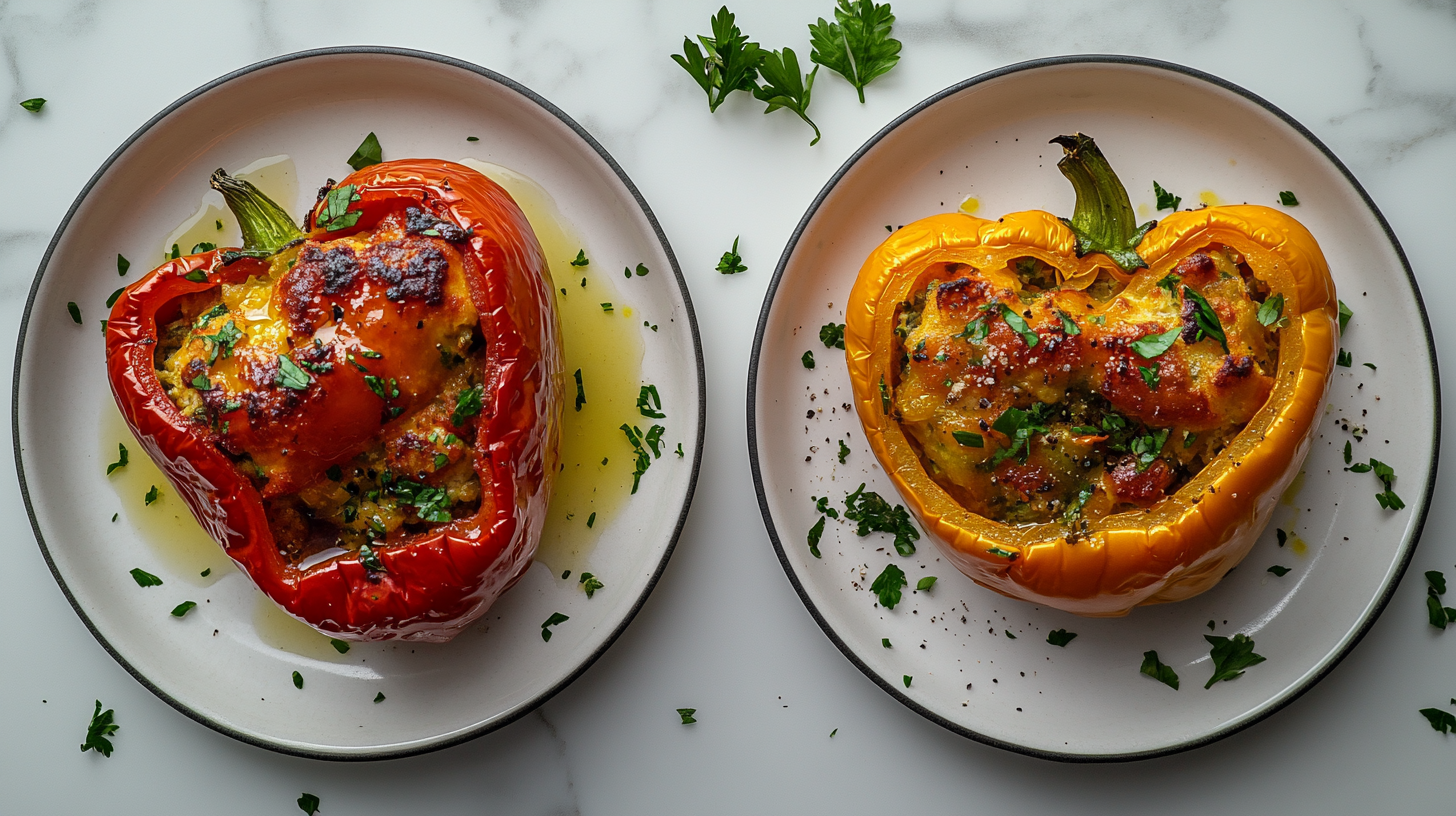 Two stuffed bell peppers, one red and one yellow, served on white plates and garnished with fresh parsley and a drizzle of olive oil.