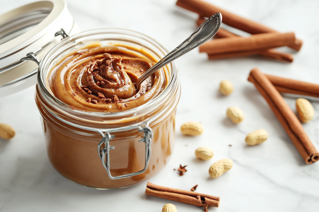 A glass jar filled with creamy peanut butter topped with cinnamon powder, with a spoon swirled into the butter, surrounded by cinnamon sticks and peanuts on a marble countertop.