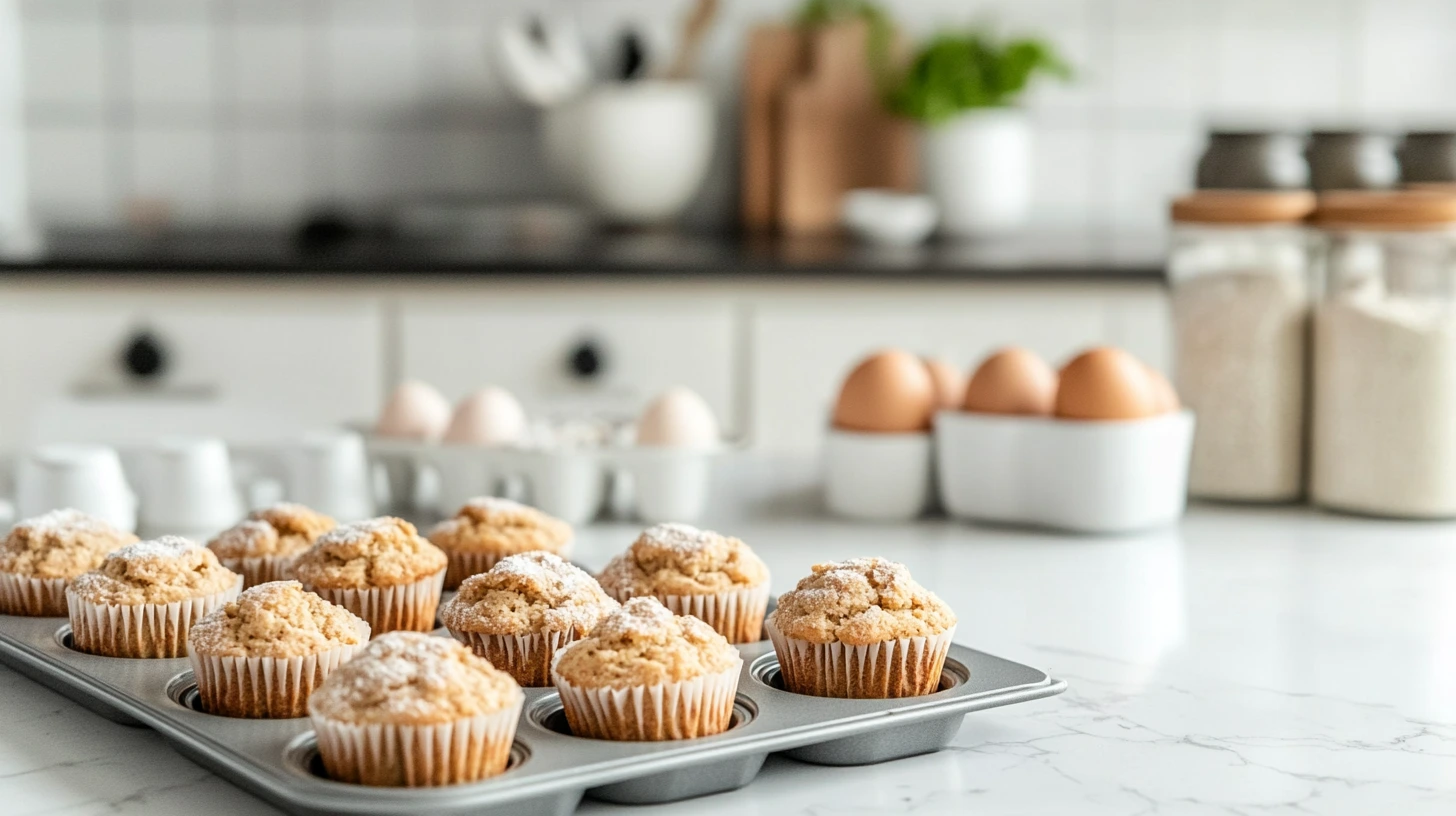 Almond flour muffins in a baking tray on a marble countertop with baking ingredients like eggs, flour jars, and a modern kitchen setup in the background.