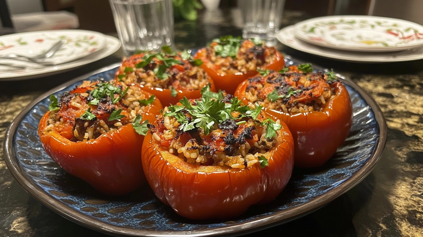 A plate of oven-baked stuffed red bell peppers filled with a savory mixture of rice, vegetables, and ground meat, garnished with fresh parsley, placed on a dark patterned plate.