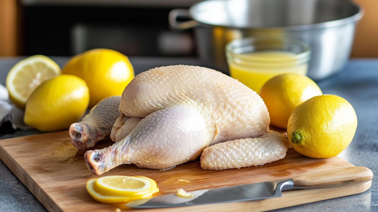 Raw chicken placed on a wooden cutting board surrounded by fresh lemons, a knife, and a bowl of lemon juice in a kitchen setting.