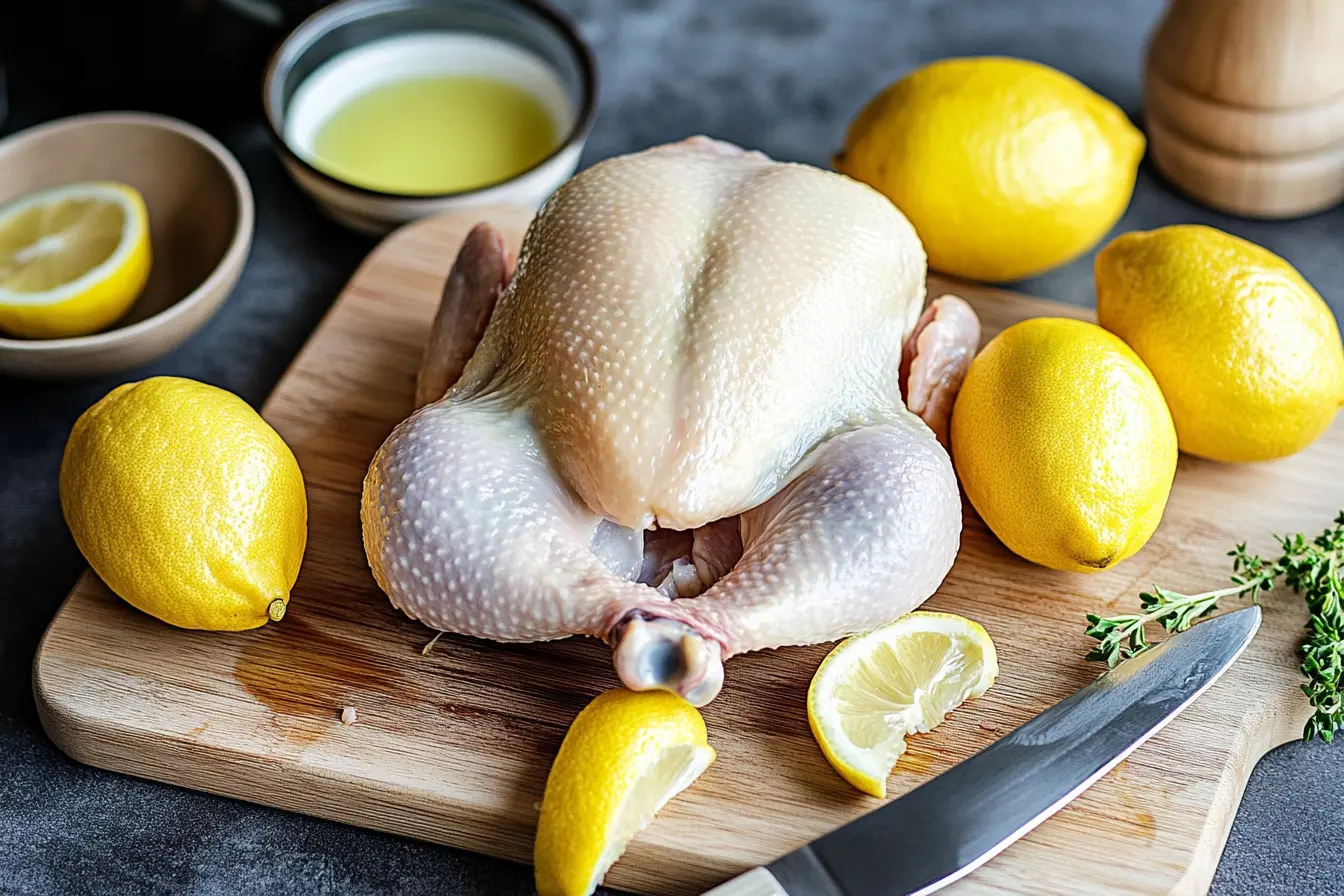 Raw chicken placed on a wooden cutting board surrounded by fresh lemons, a knife, and a bowl of lemon juice in a kitchen setting.