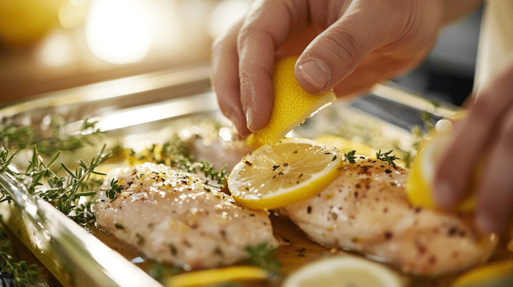 Hands squeezing a fresh lemon slice over chicken breasts in a glass baking dish, surrounded by herbs like rosemary and thyme.