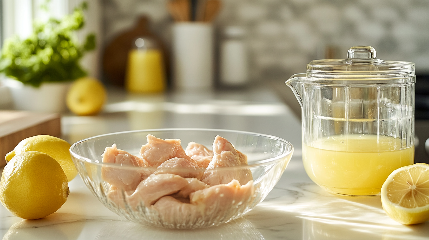 Raw chicken pieces in a glass bowl on a bright kitchen countertop, surrounded by fresh lemons and a glass pitcher of lemon juice.