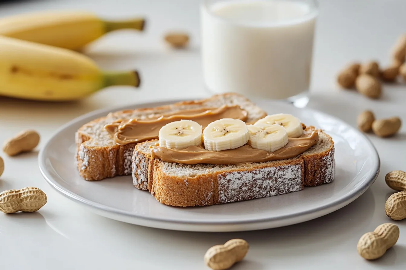 Peanut butter toast topped with banana slices on a white plate, accompanied by a glass of milk and unshelled peanuts on a kitchen counter.