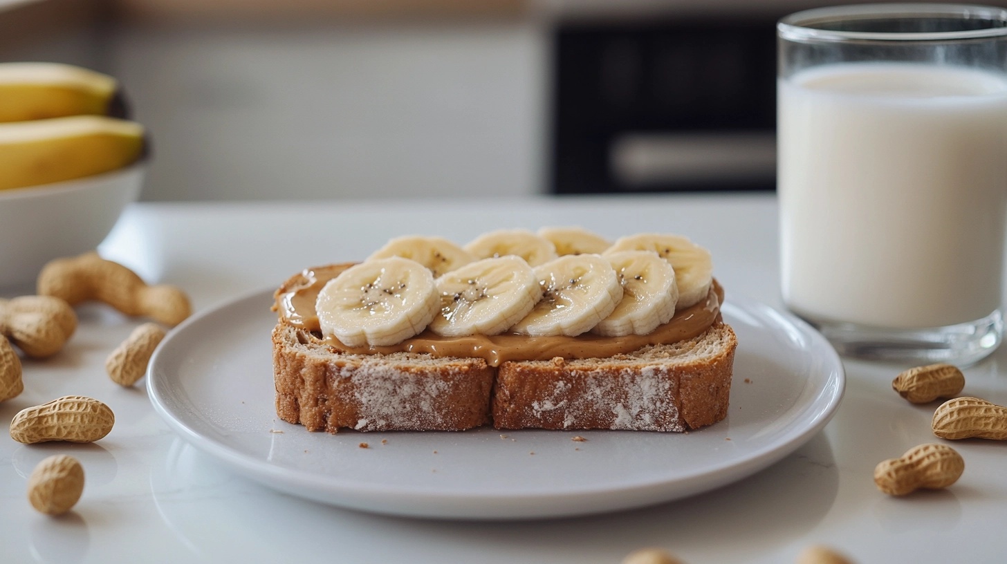 Peanut butter toast topped with banana slices on a white plate, accompanied by a glass of milk and unshelled peanuts on a kitchen counter.