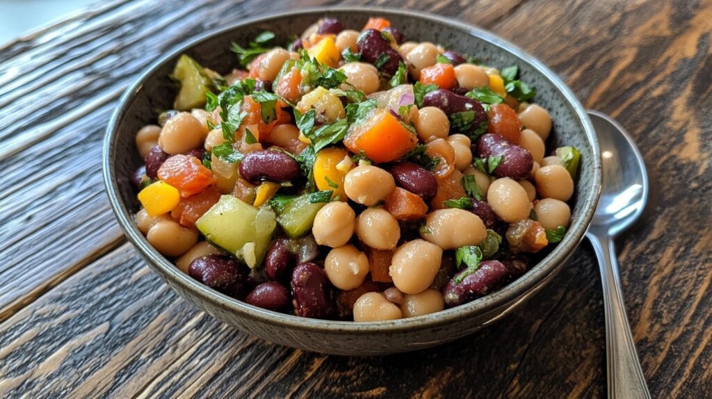 A bowl of dense bean salad containing kidney beans, chickpeas, diced carrots, bell peppers, and fresh herbs served on a wooden table with a spoon beside it.