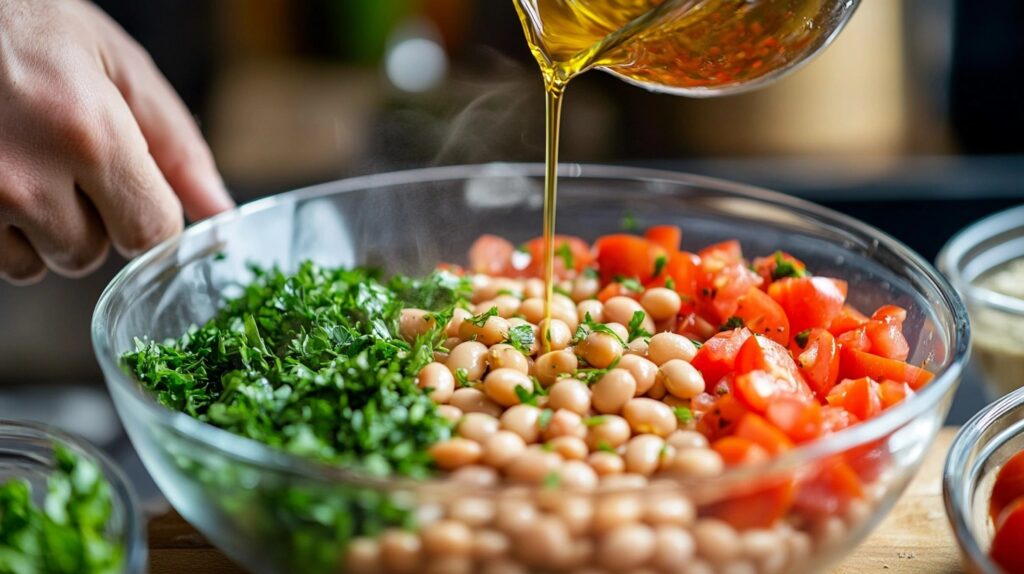 Olive oil being poured over a bowl of white beans, diced tomatoes, and chopped fresh parsley in a glass mixing bowl.